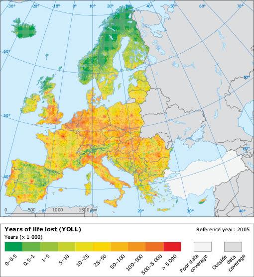 Estimated years life lost from long term PM2.5 exposure in Europe